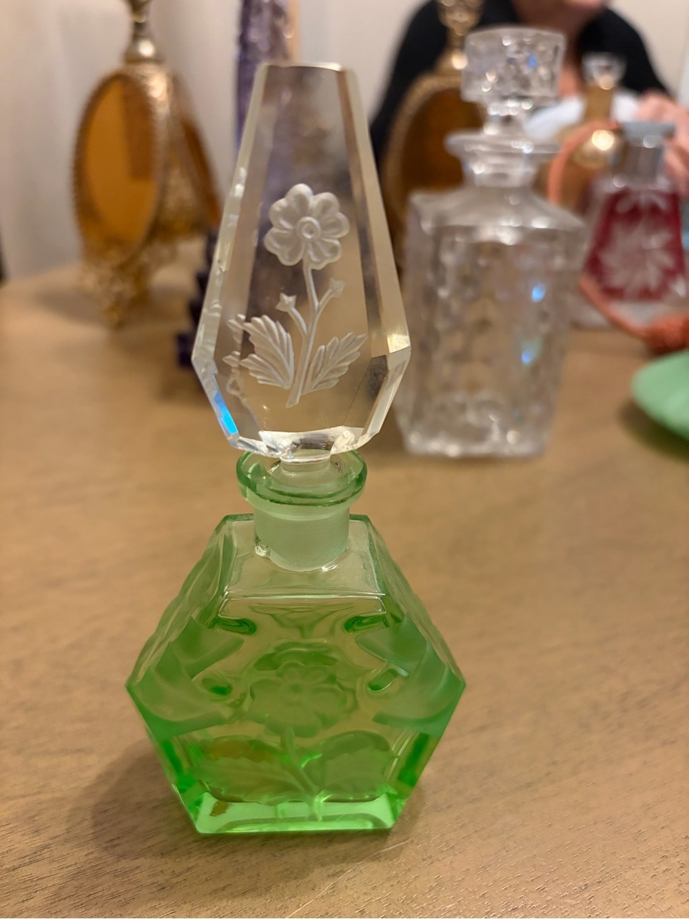 Green Glass Floral Etched Decorative Perfume Bottle